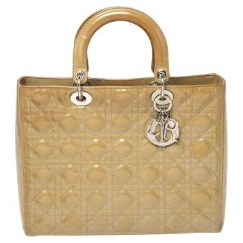Pre Owned Dior Beige Cannage Patent Leather Large Lady Dior Tote