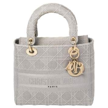 Pre Owned Dior Grey Cannage Embroidered Canvas Medium Lady D-Lite Tote