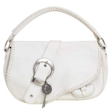 Pre Owned Dior White Leather Whipstitch Gaucho Hobo
