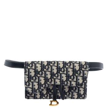 Pre Owned Dior Navy Blue/White Oblique Canvas and Leather Saddle Belt Bag