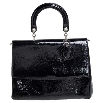 Pre Owned Dior Black Crinkled Patent Leather Be Dior Flap Top Handle Bag