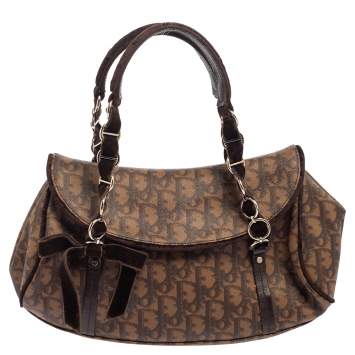 Pre Owned Dior Brown Monogram Coated Canvas and Velvet Romantique Trotter Flap Bag