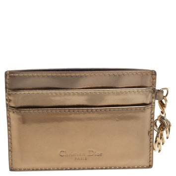 Pre Owned Dior Metallic Gold Micro Cannage Patent Leather Lady Dior Card Holder