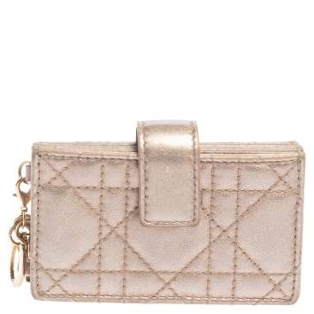 Pre Owned Dior Metallic Rose Gold Cannage Leather Gusset Card Holder