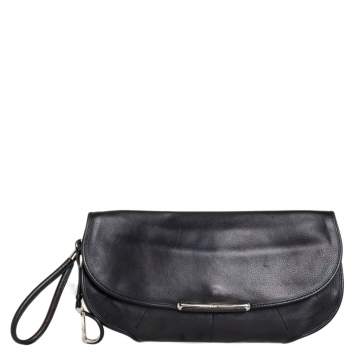 Pre Owned Dior Black Leather D Charm Oversized Wristlet Clutch