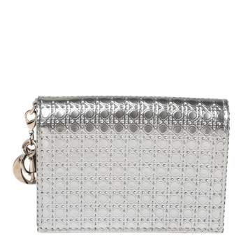 Pre Owned Dior Silver Micro Cannage Leather Mini Lady Dior Card Case