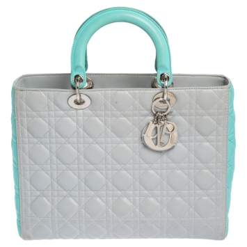 Pre Owned Dior Grey/Turquoise Cannage Leather Large Lady Dior Tote