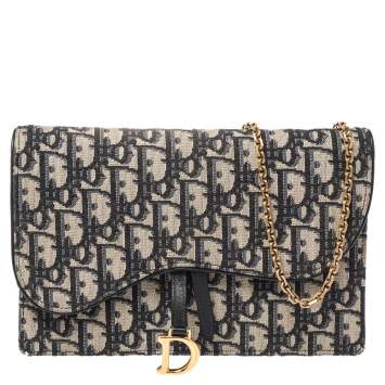 Pre Owned Dior Navy Blue/Beige Oblique Canvas Saddle Chain Pouch