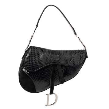Pre Owned Dior Black Snakeskin and Suede Saddle Bag