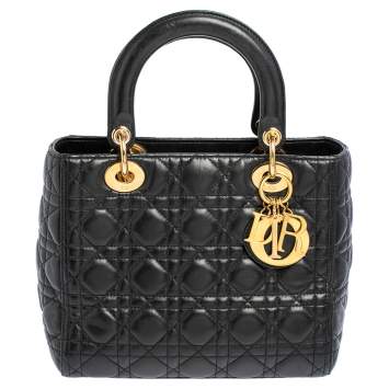 Pre Owned Dior Black Cannage Leather Medium Lady Dior Tote