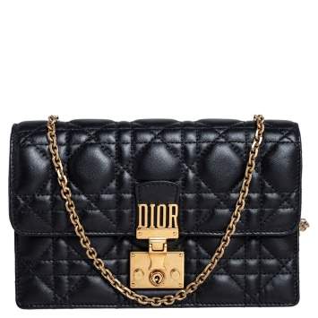 Pre Owned Dior Black Cannage Leather Dioraddict Wallet On Chain