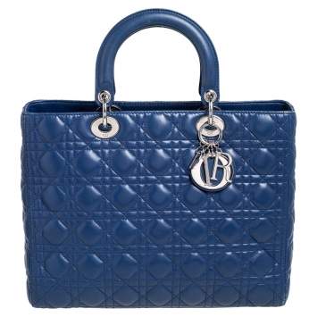 Pre Owned Dior Blue Cannage Leather Large Lady Dior Tote