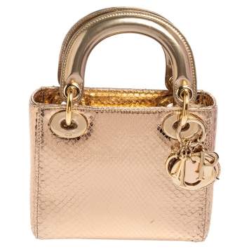 Pre Owned Dior Metallic Gold Python Mini Lady Dior Tote
