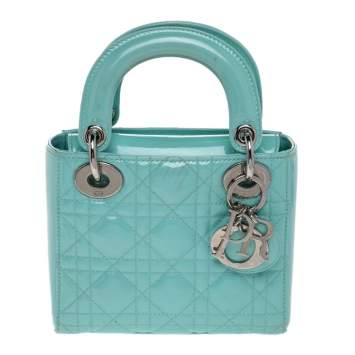 Pre Owned Dior Aqua Blue Cannage Patent Leather Mini Chain Lady Dior Tote