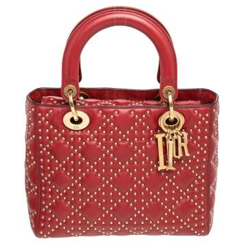 Pre Owned Dior Dark Red Leather Medium Studded Supple Lady Dior Tote