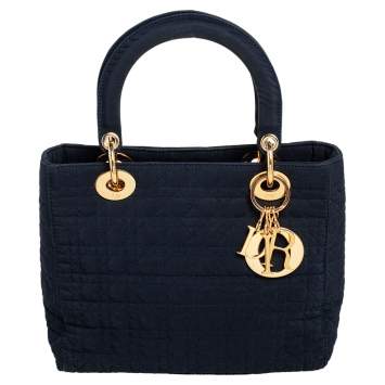 Pre Owned Dior Navy Blue Satin Medium Lady Dior Tote