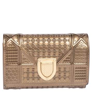 Pre Owned Dior Metallic Gold Micro Cannage Leather Diorama Trifold Wallet