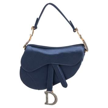 مملوكة مسبقًا Dior Blue Satin Crystal Embellished Logo Mini Saddle Bag