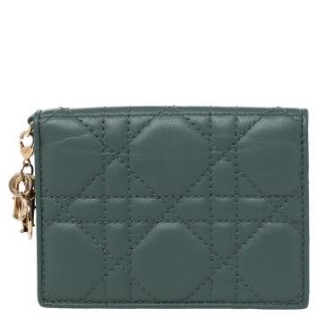 Pre Owned Dior Green Cannage Leather Mini Lady Dior Card Case