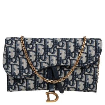 Pre Owned Dior Navy Blue Oblique Canvas and Leather Saddle Wallet On Chain