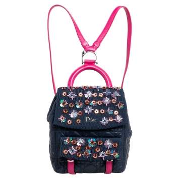 Pre Owned Dior Black/Navy Blue Leather and Mesh Stardust Embellished Backpack