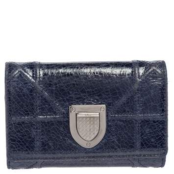 Pre Owned Dior Blue Crinkled Leather Diorama Trifold Wallet