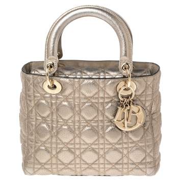 Pre Owned Dior Gold Cannage Leather Medium Lady Dior Tote