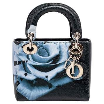 Pre Owned Dior Dark Blue Flower Print Leather Mini Lady Dior Tote