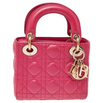 Pre Owned Dior Pink Cannage Leather Mini Chain Lady Dior Tote