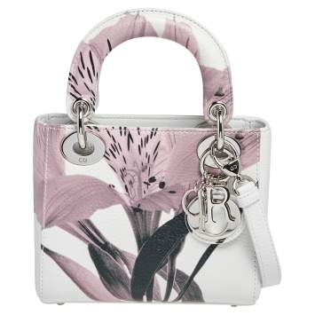 Pre Owned Dior White Floral Print Leather Mini Lady Dior Tote