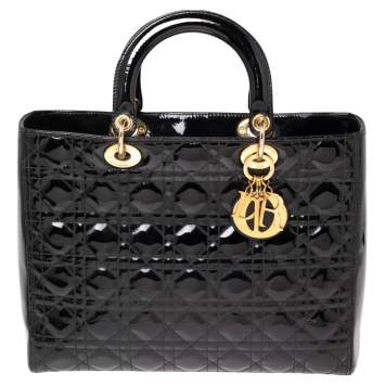 Pre Owned Dior Black Cannage Patent Leather Large Lady Dior Tote