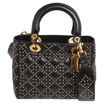 Pre Owned Dior Black Studded Leather Medium Supple Lady Dior Tote