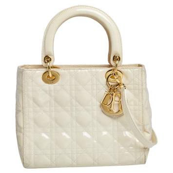 Pre Owned Dior Cream Cannage Patent Leather Medium Lady Dior Tote