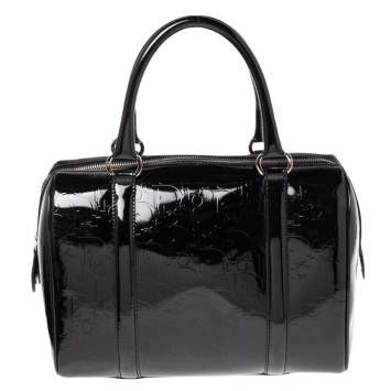 Pre Owned Dior Black Oblique Monogram Patent Leather Boston Bag