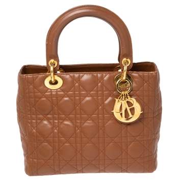 Pre Owned Dior Brown Cannage Quilted Leather Medium Lady Dior Tote