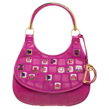 Pre Owned Dior Pink Leather 61 Bejeweled Hobo 