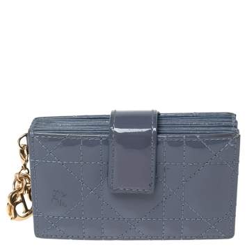 Pre Owned Dior Ash Grey Cannage Patent Leather Lady Dior 5 Gusset Card Holder