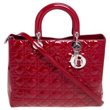 Pre Owned Dior Red Cannage Patent Leather Large Lady Dior Tote