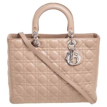 Pre Owned Dior Beige Cannage Quilted Leather Large Lady Dior Tote