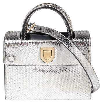 Pre Owned Dior Metallic Silver Python Mini Diorever Tote