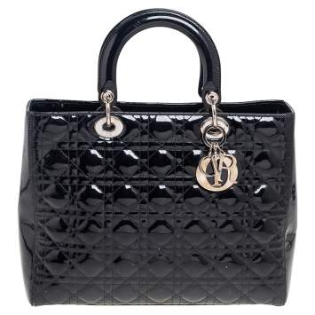 Pre Owned Dior Black Cannage Patent Leather Large Lady Dior Tote