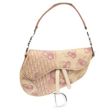 Pre Owned Dior Beige/Pink Floral Oblique Canvas Saddle Bag