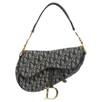Pre Owned Dior Blue Oblique Canvas and Leather Saddle Bag