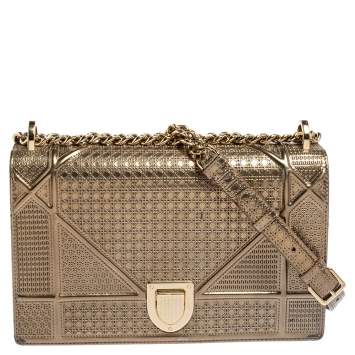 Pre Owned Dior Metallic Gold Micro Cannage Patent Leather Medium Diorama Shoulder Bag