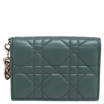 Pre Owned Dior Green Cannage Leather Lady Dior Flap Card Holder