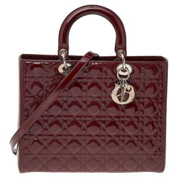Pre Owned Dior Burgundy Patent Leather Large Lady Dior Tote
