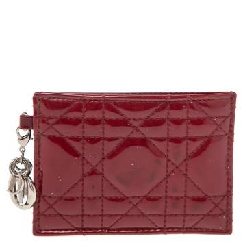 Pre Owned Dior Red Cannage Patent Leather Lady Dior Card Holder