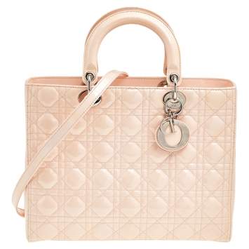Pre Owned Dior Pale Pink Cannage Patent Leather Large Lady Dior Tote