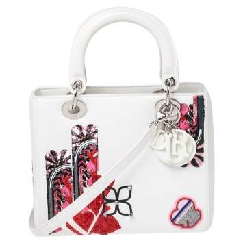 Pre Owned Dior White Leather Medium Heart Patch Embellished Lady Dior Tote