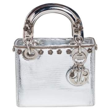Pre Owned Dior Silver Lizard Embossed Leather Flower Studs Mini Lady Dior Tote